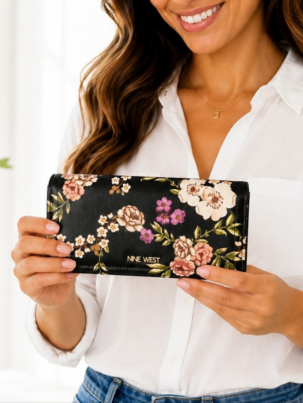 👜 Nine West Black Floral Bifold Wallet Organizer Clutch Card Holder Womens